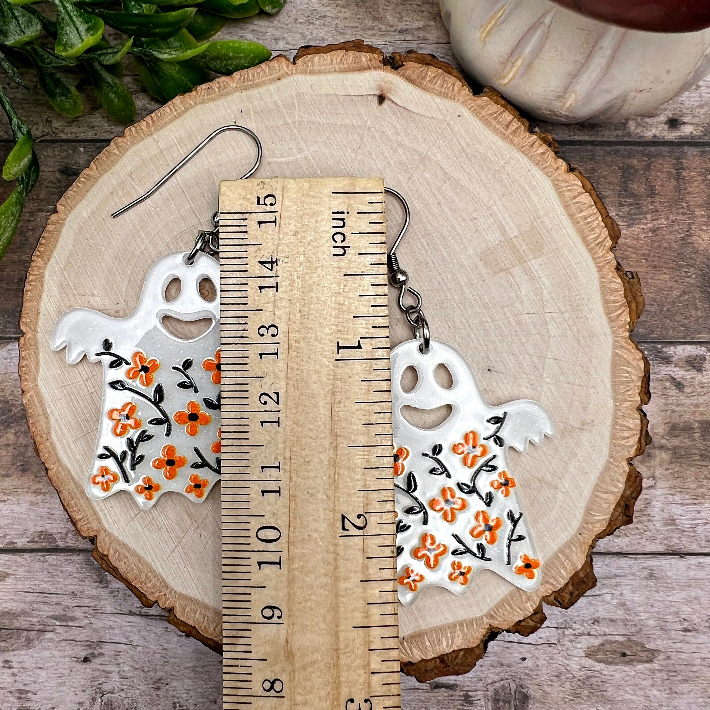 Halloween Floral Acrylic Ghost Spooky Season, Stainless steel  Earrings, Hypoallergenic Gift