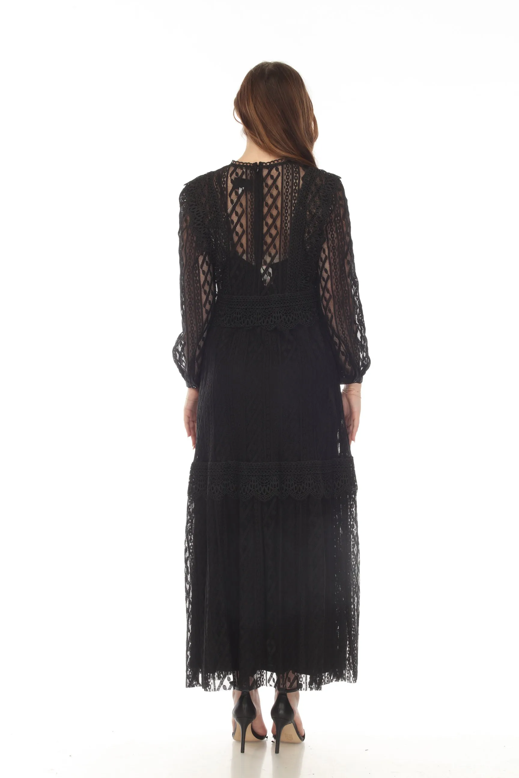 Johnny Was Biya Black Luna Lace Long Sleeve Maxi Slip Dress Boho Chic B34722-O