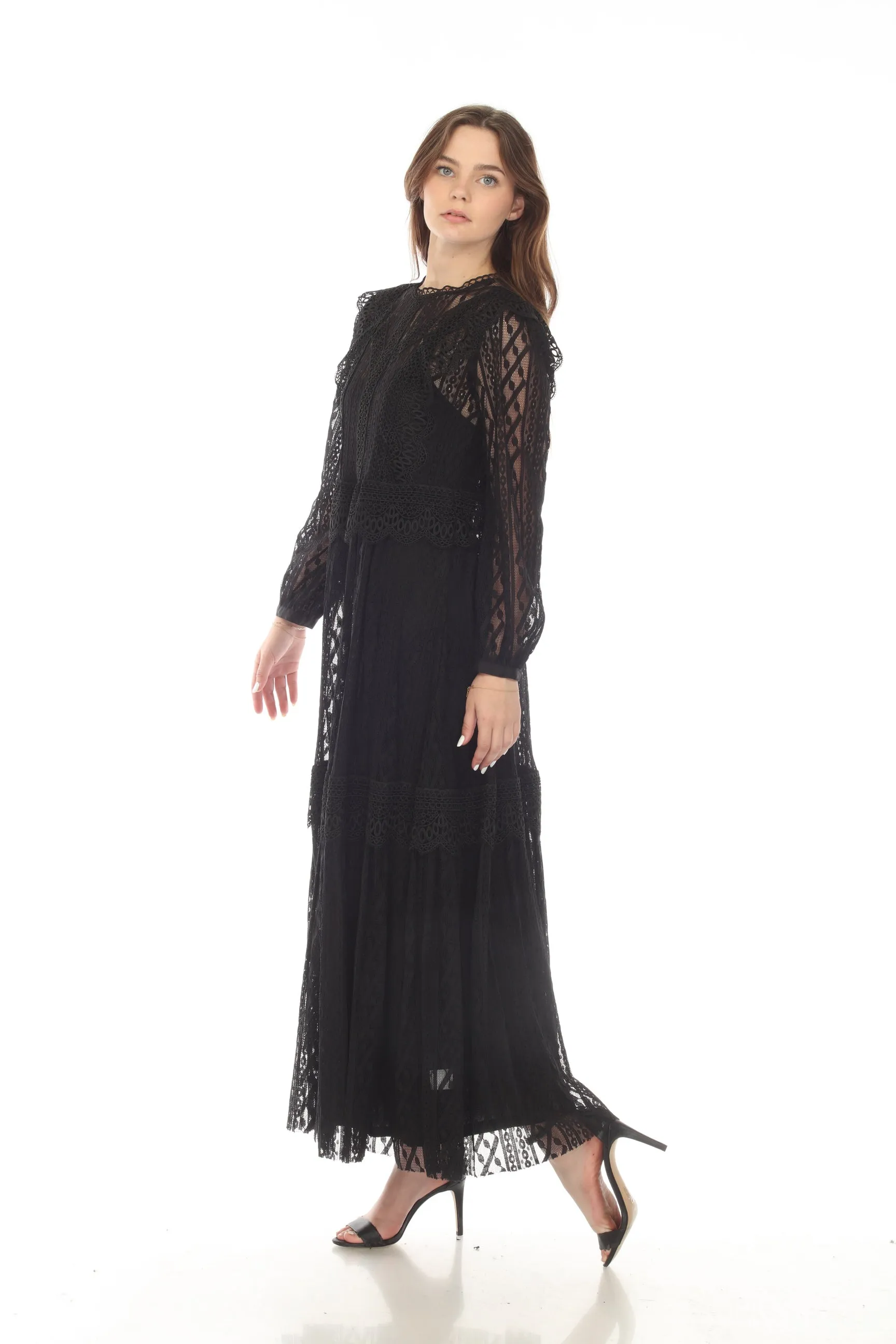 Johnny Was Biya Black Luna Lace Long Sleeve Maxi Slip Dress Boho Chic B34722-O