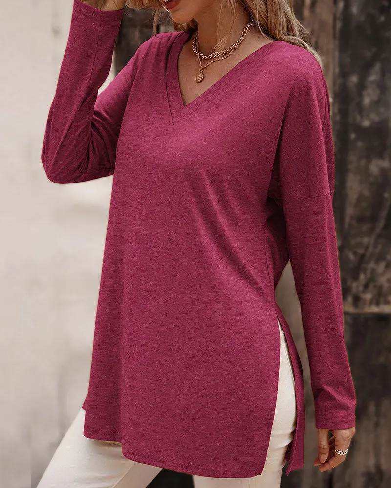 Loose hem slit knitted long-sleeved T-shirt