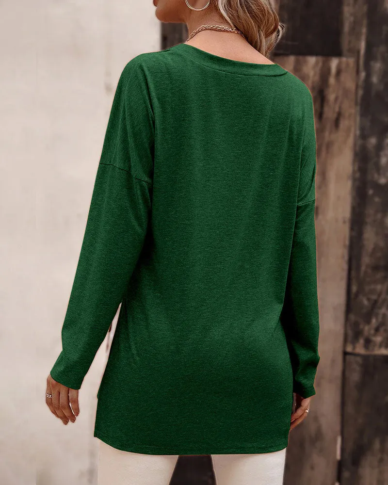 Loose hem slit knitted long-sleeved T-shirt