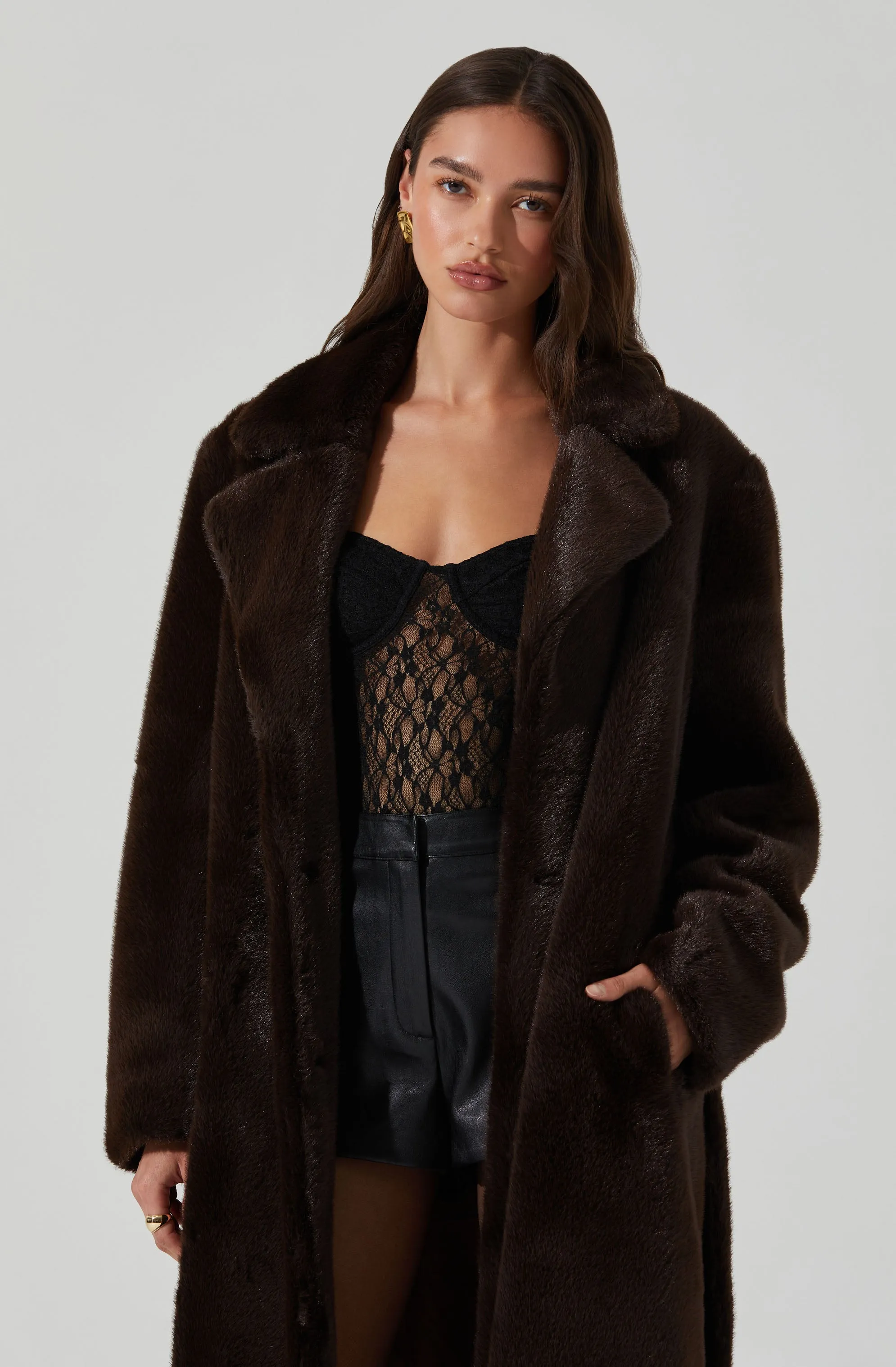Maisie Faux Fur Longline Coat in Chocolate