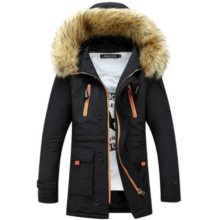 Men's Long Velvet-Lined Cotton Jacket with Large Fur Collar - Plus Size Warm Coat for Couples