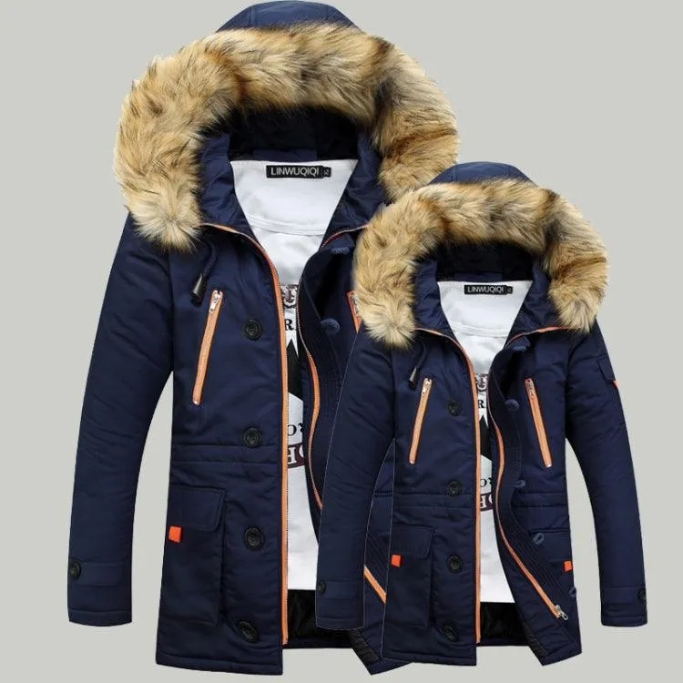 Men's Long Velvet-Lined Cotton Jacket with Large Fur Collar - Plus Size Warm Coat for Couples