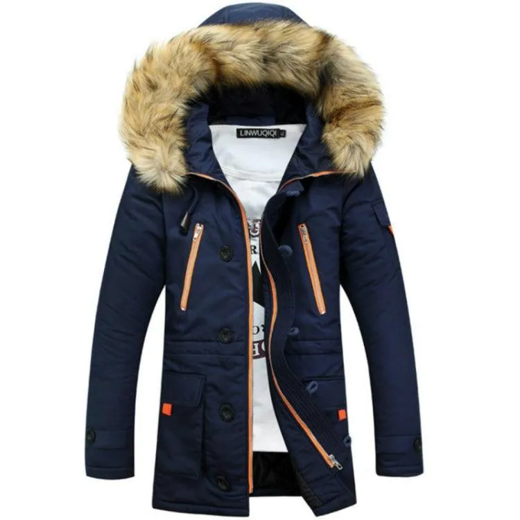 Men's Long Velvet-Lined Cotton Jacket with Large Fur Collar - Plus Size Warm Coat for Couples