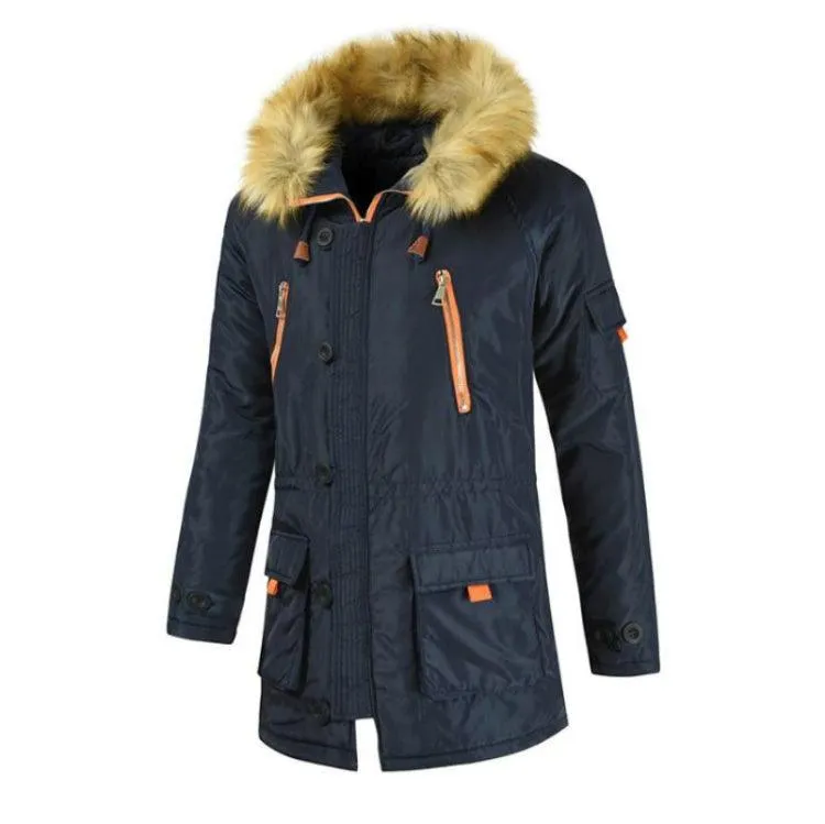 Men's Long Velvet-Lined Cotton Jacket with Large Fur Collar - Plus Size Warm Coat for Couples