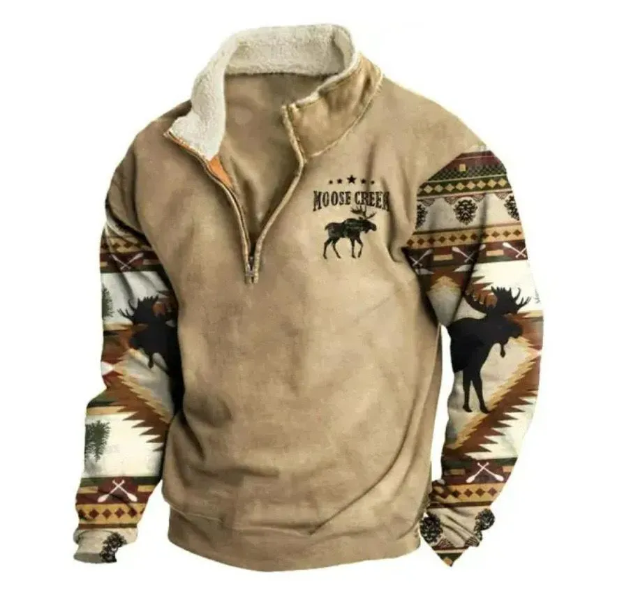Men's Vintage Print Fur Collar Half Zipper Casual Sweatshirt 68104417YY