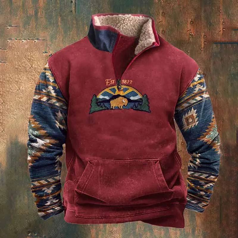Men's Vintage Print Fur Collar Half Zipper Casual Sweatshirt 68104417YY