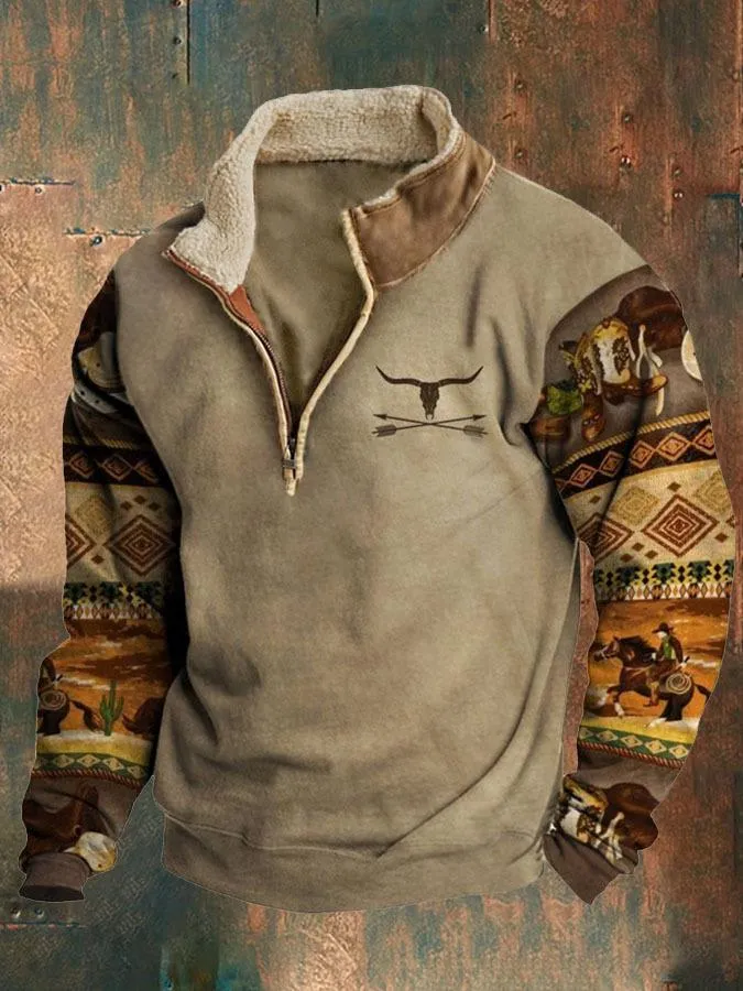 Men's Vintage Print Fur Collar Half Zipper Casual Sweatshirt 68104417YY