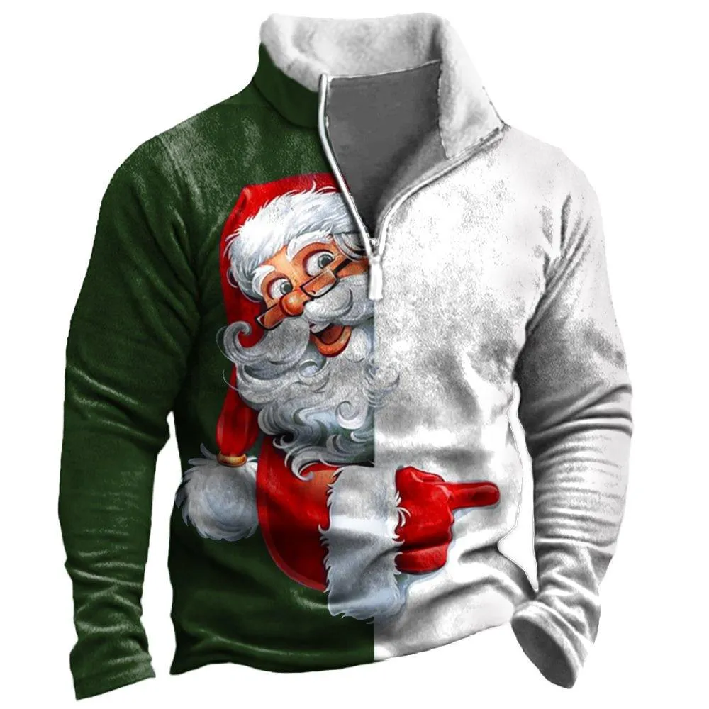 Men's Vintage Print Fur Collar Half Zipper Casual Sweatshirt 68104417YY