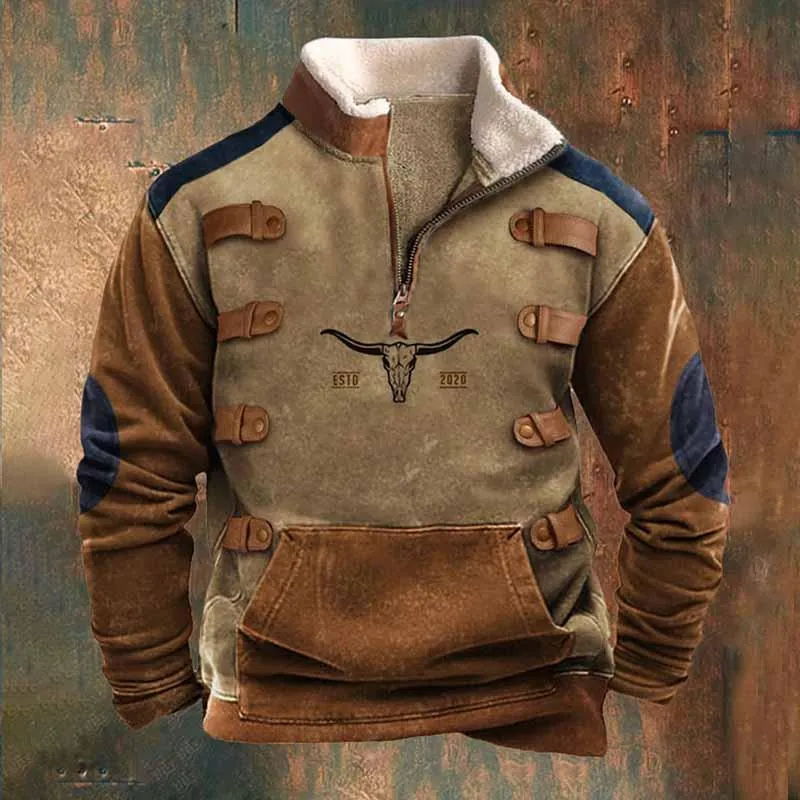 Men's Vintage Print Fur Collar Half Zipper Casual Sweatshirt 68104417YY