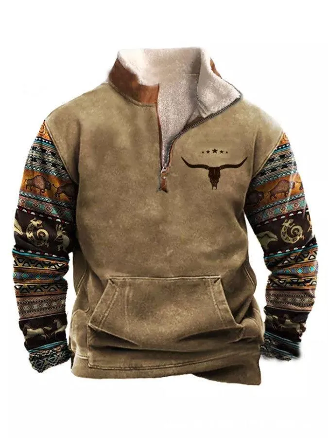 Men's Vintage Print Fur Collar Half Zipper Casual Sweatshirt 68104417YY