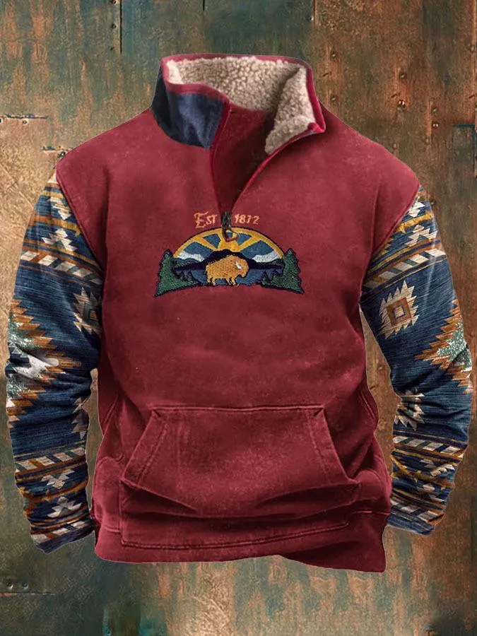 Men's Vintage Print Fur Collar Half Zipper Casual Sweatshirt 68104417YY
