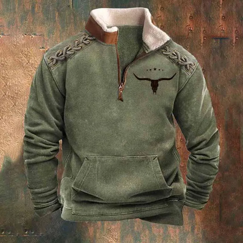 Men's Vintage Print Fur Collar Half Zipper Casual Sweatshirt 68104417YY
