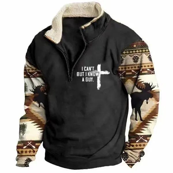 Men's Vintage Print Fur Collar Half Zipper Casual Sweatshirt 68104417YY