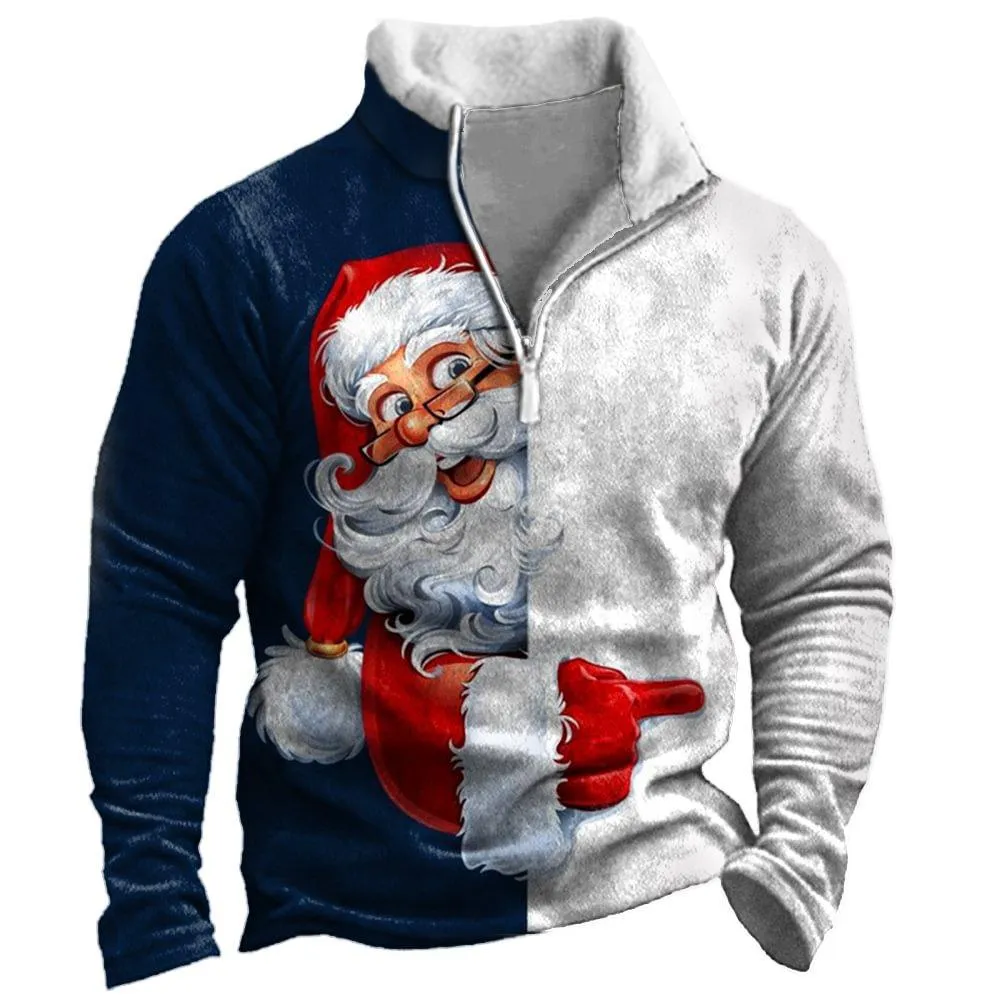 Men's Vintage Print Fur Collar Half Zipper Casual Sweatshirt 68104417YY