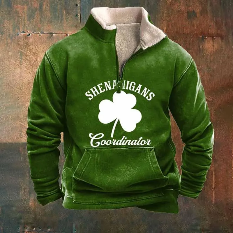 Men's Vintage Print Fur Collar Half Zipper Casual Sweatshirt 68104417YY