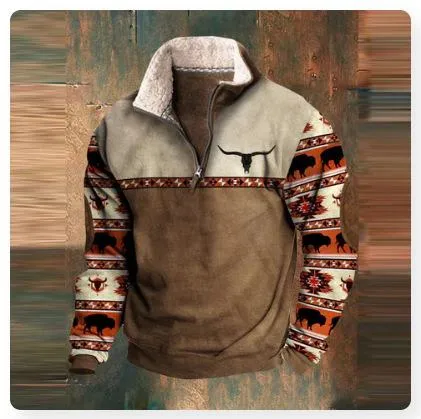 Men's Vintage Print Fur Collar Half Zipper Casual Sweatshirt 68104417YY