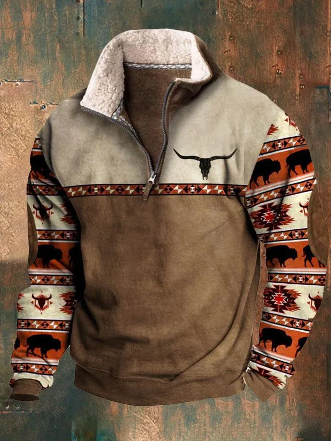 Men's Vintage Print Fur Collar Half Zipper Casual Sweatshirt 68104417YY