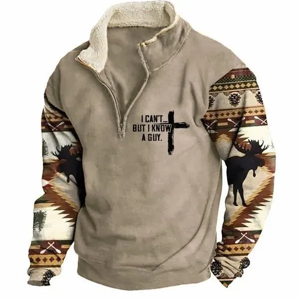 Men's Vintage Print Fur Collar Half Zipper Casual Sweatshirt 68104417YY