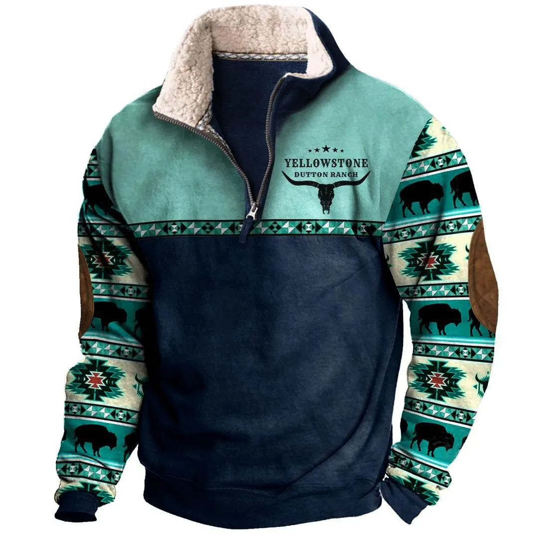 Men's Vintage Print Fur Collar Half Zipper Casual Sweatshirt 68104417YY