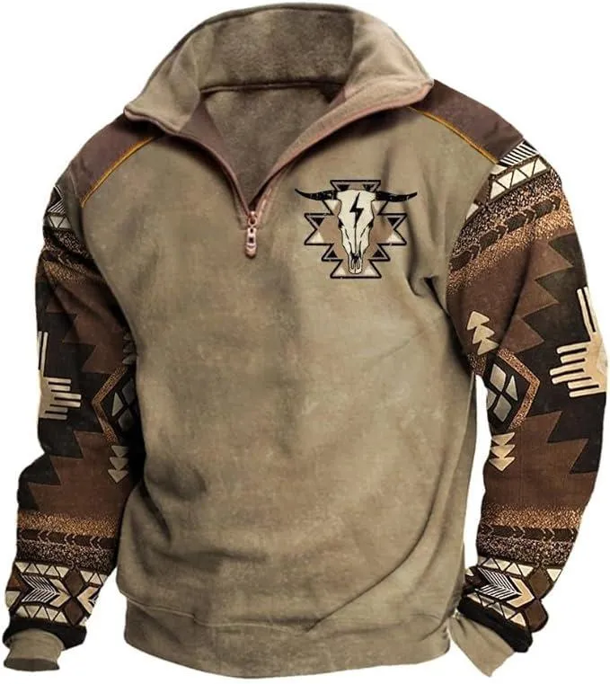 Men's Vintage Print Fur Collar Half Zipper Casual Sweatshirt 68104417YY