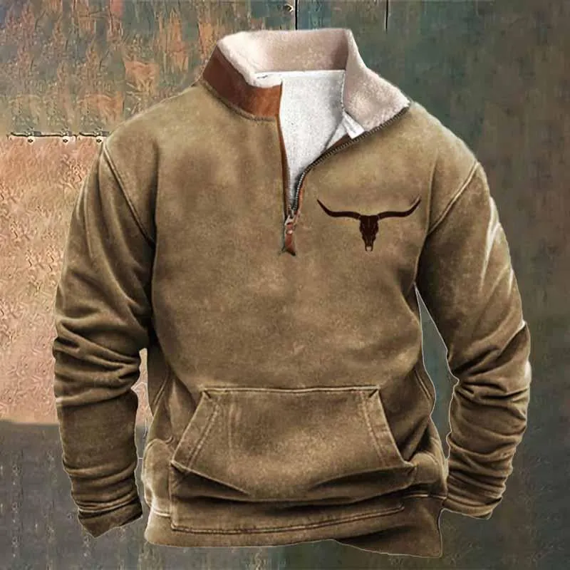 Men's Vintage Print Fur Collar Half Zipper Casual Sweatshirt 68104417YY