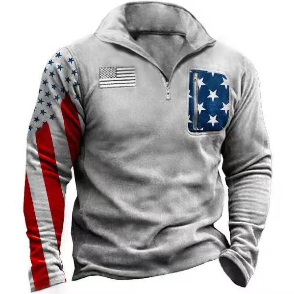 Men's Vintage Print Fur Collar Half Zipper Casual Sweatshirt 68104417YY