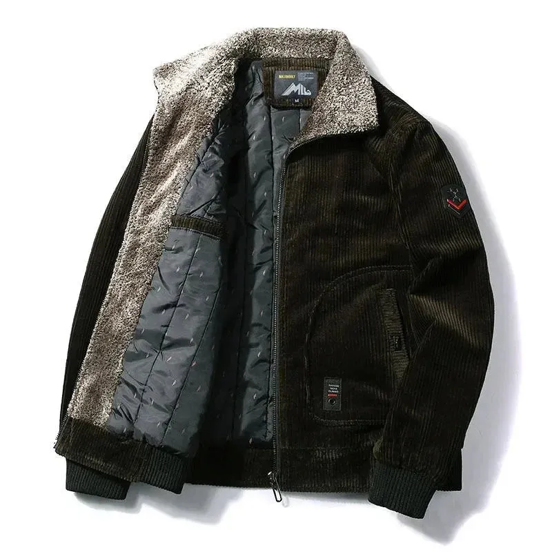 Men’s Winter Corduroy Jacket with Fur Collar – Thermal Windbreaker Casual Outwear