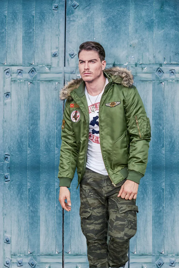 Men's Winter Warm Hooded Thermal Padded Bomber With Faux Fur Collar