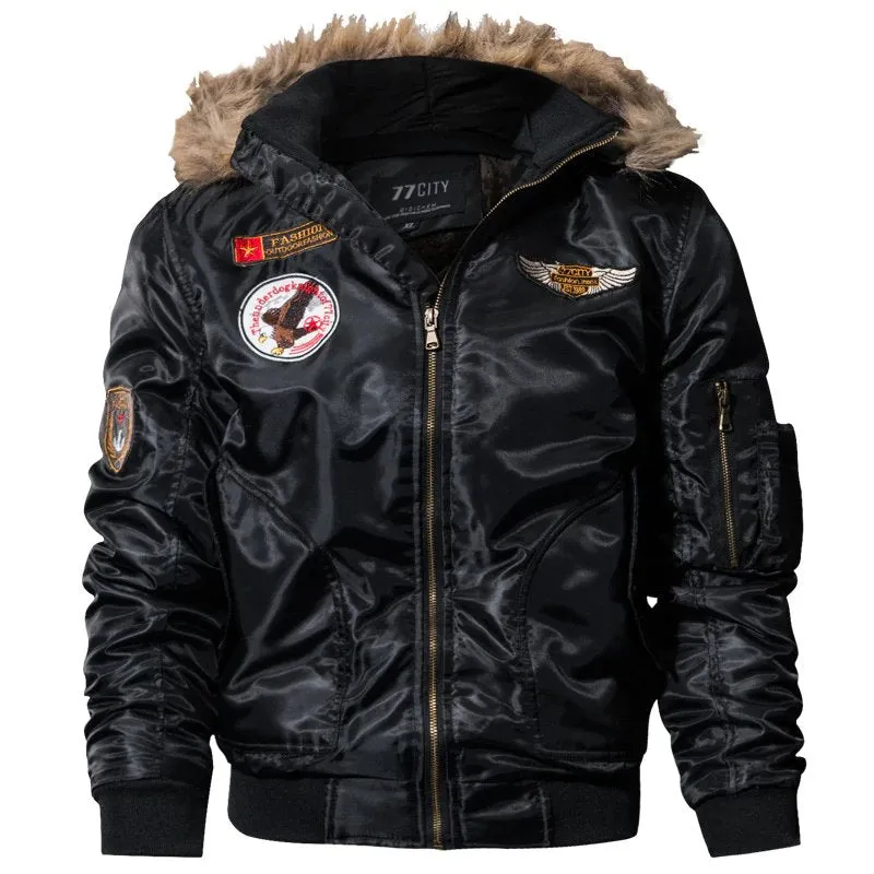 Men's Winter Warm Hooded Thermal Padded Bomber With Faux Fur Collar