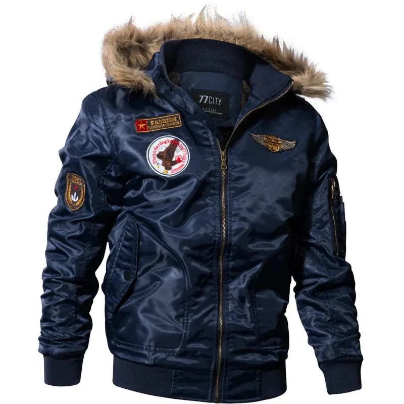 Men's Winter Warm Hooded Thermal Padded Bomber With Faux Fur Collar