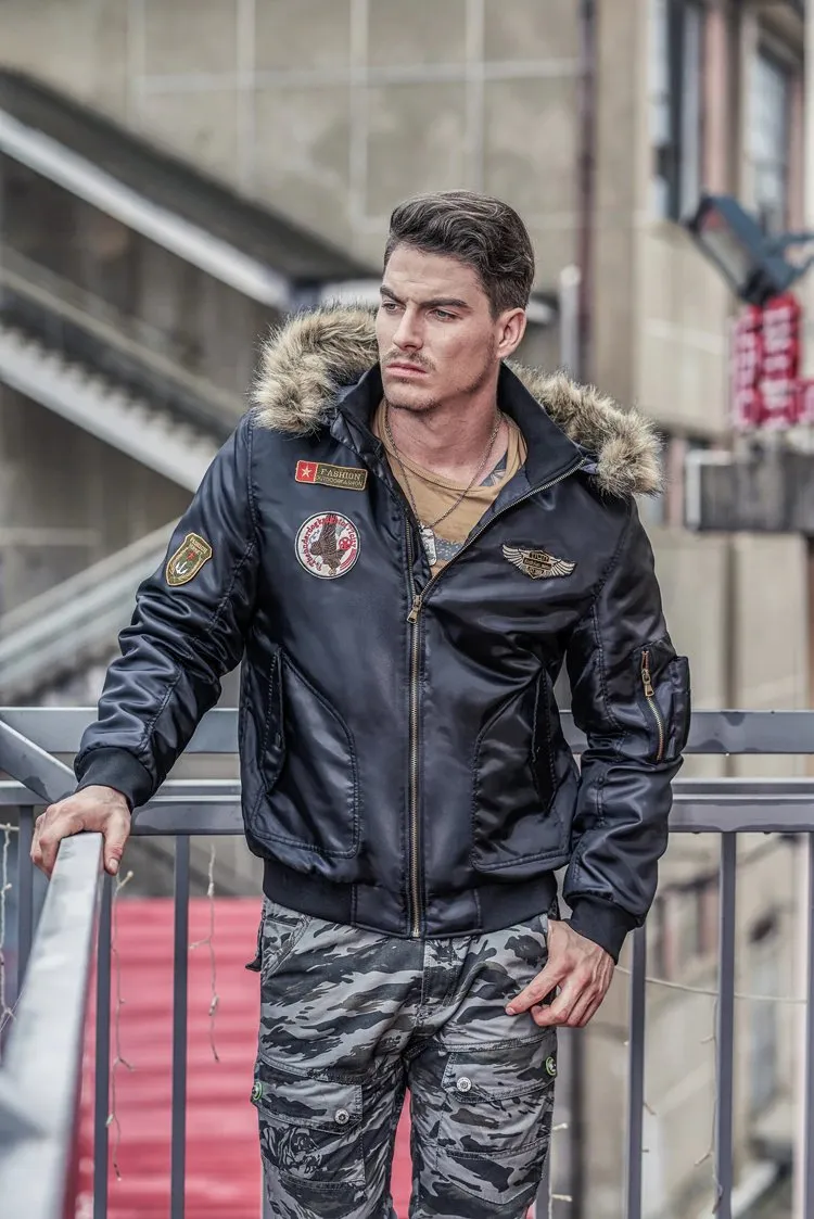 Men's Winter Warm Hooded Thermal Padded Bomber With Faux Fur Collar