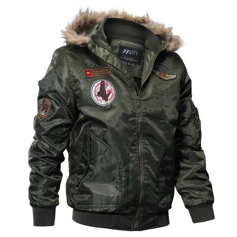 Men's Winter Warm Hooded Thermal Padded Bomber With Faux Fur Collar