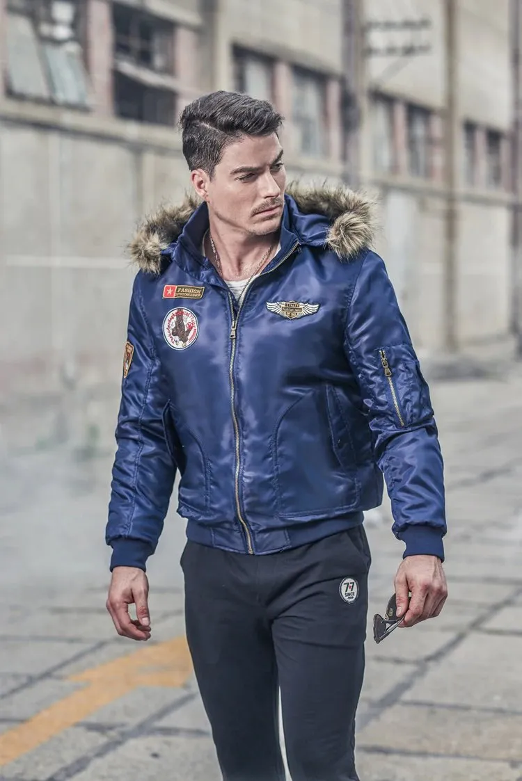 Men's Winter Warm Hooded Thermal Padded Bomber With Faux Fur Collar
