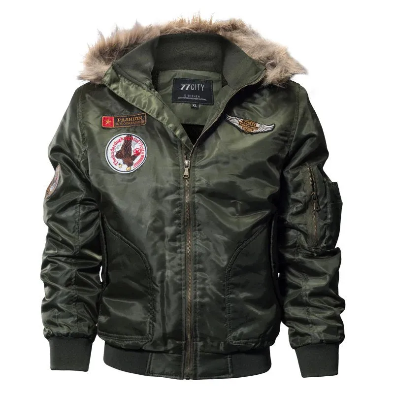Men's Winter Warm Hooded Thermal Padded Bomber With Faux Fur Collar