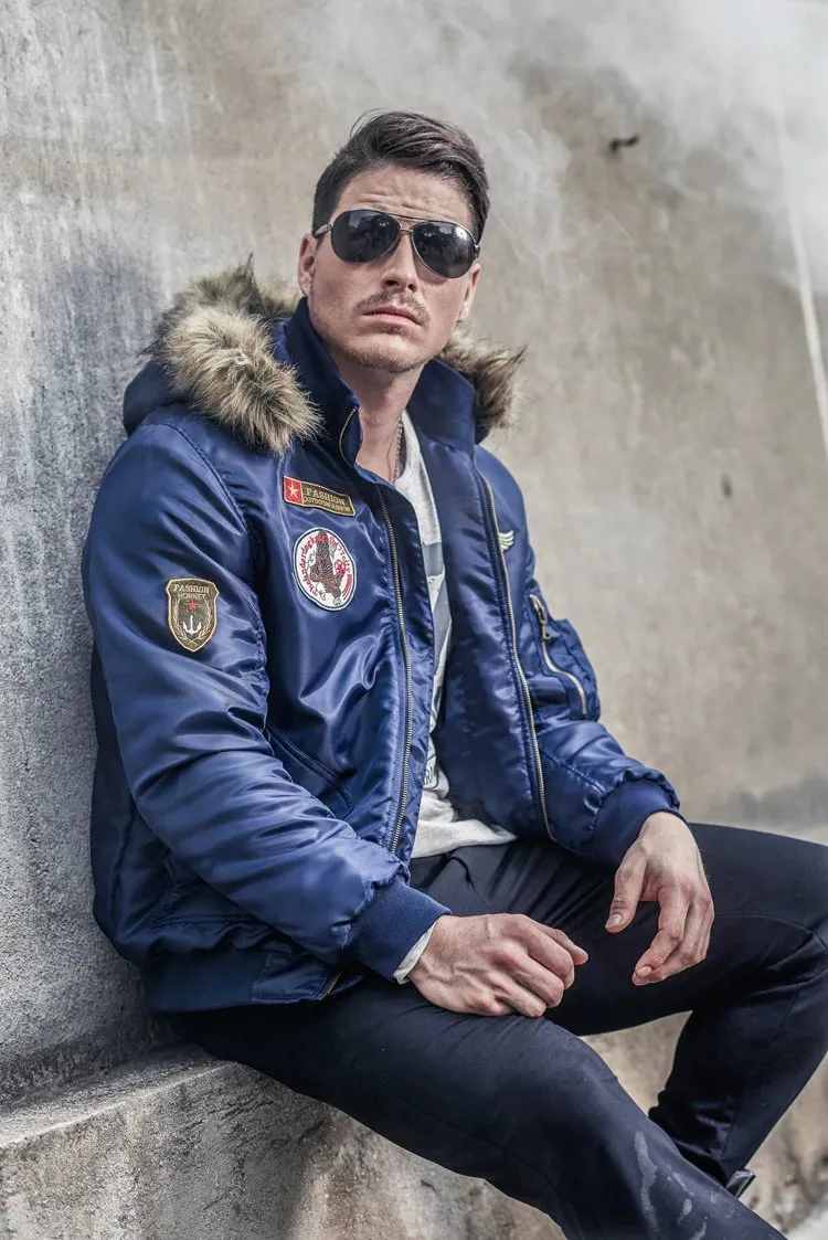 Men's Winter Warm Hooded Thermal Padded Bomber With Faux Fur Collar