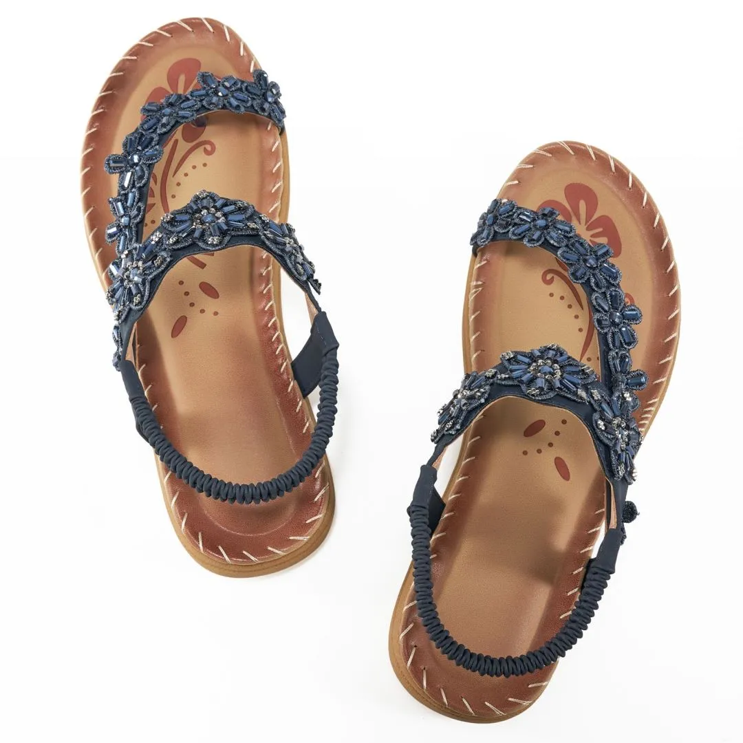 【No.7】Sandals for Women Comfortable Flats Shoes with Elastic Ankle Strap Gladiator Bohemian Beaded Dress Shoe Outdoor Non Slip Beach Clip Toe Summer Sandal
