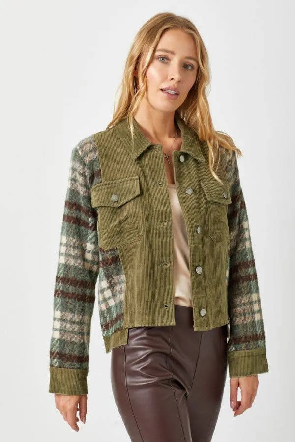 Plaid Sleeve Corduroy Jacket
