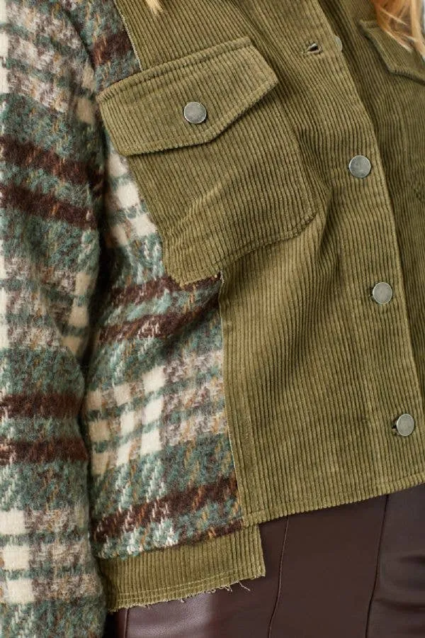 Plaid Sleeve Corduroy Jacket