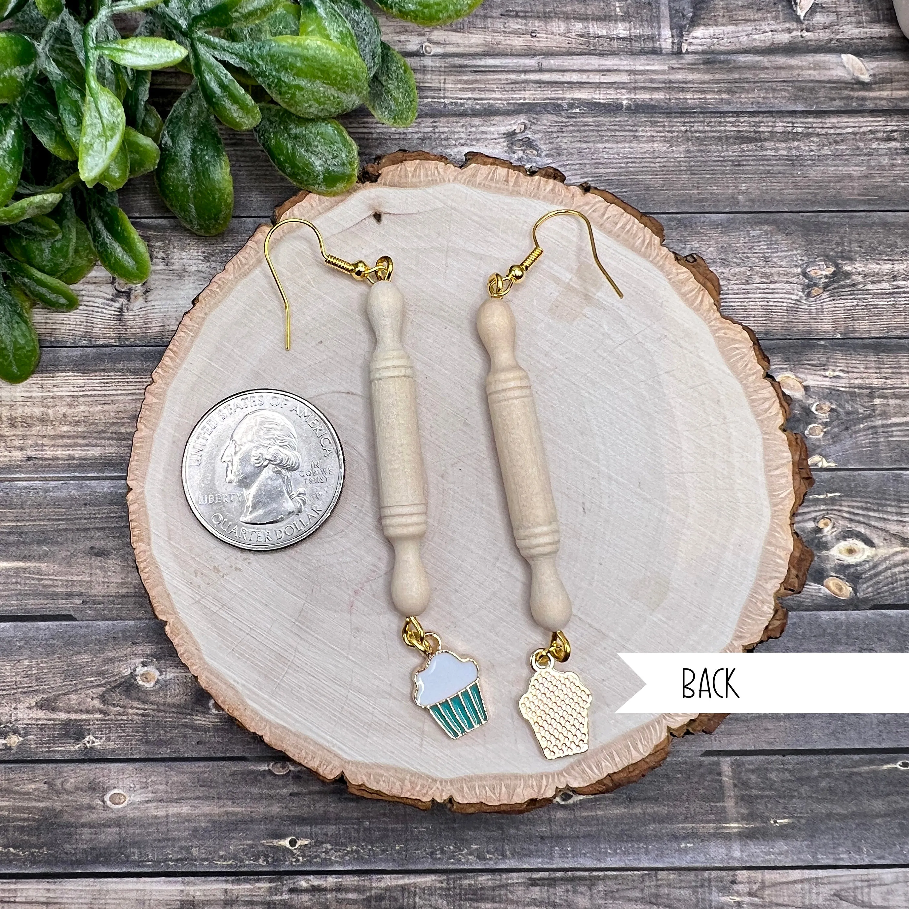 Rolling Pin Cupcake Earrings, Real Wood, Lightweight  Earrings, Hypoallergenic Gift for Bakers - Clearance