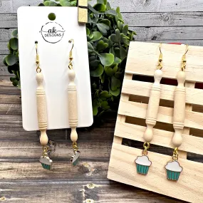 Rolling Pin Cupcake Earrings, Real Wood, Lightweight  Earrings, Hypoallergenic Gift for Bakers - Clearance