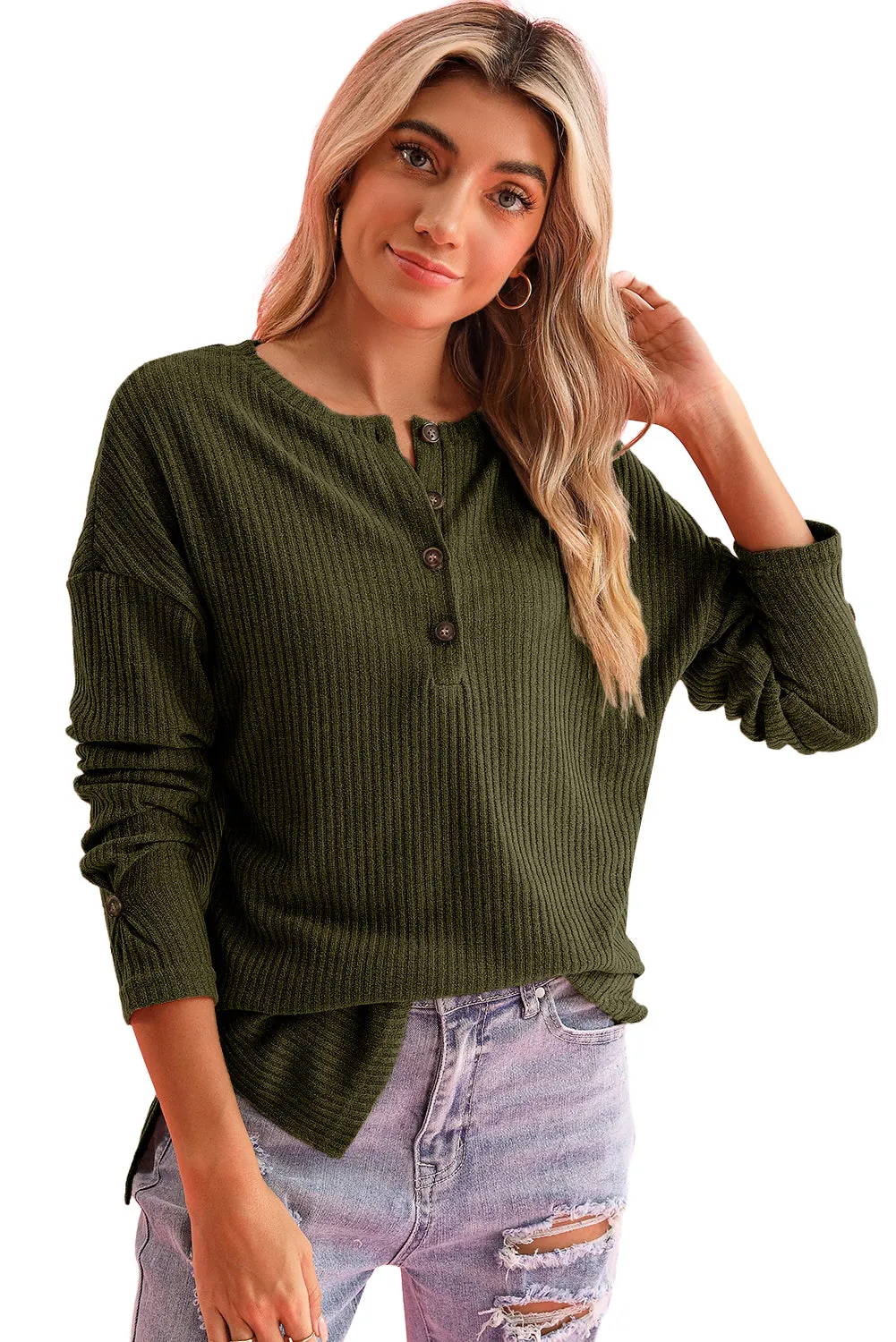 Rose Drop Shoulder Ribbed Knit Long Sleeve Henley Top
