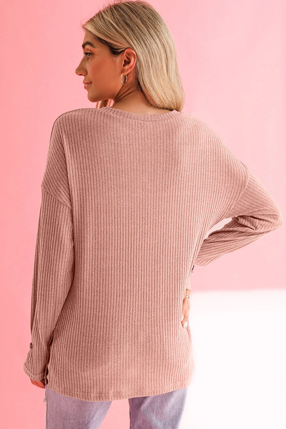Rose Drop Shoulder Ribbed Knit Long Sleeve Henley Top