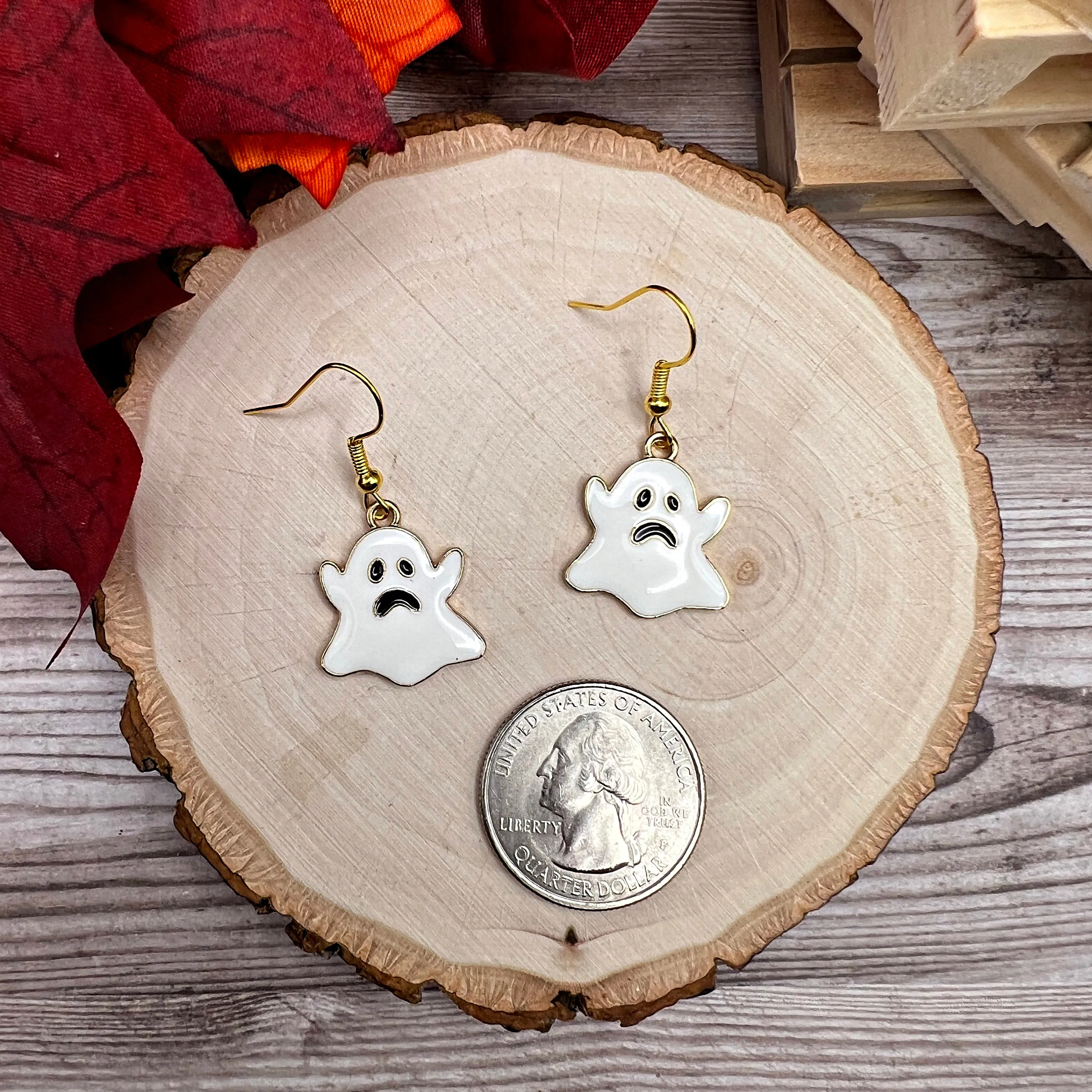 Sad Enamel Boo Ghost Hypoallergenic Halloween Goldtone Enamel Earrings