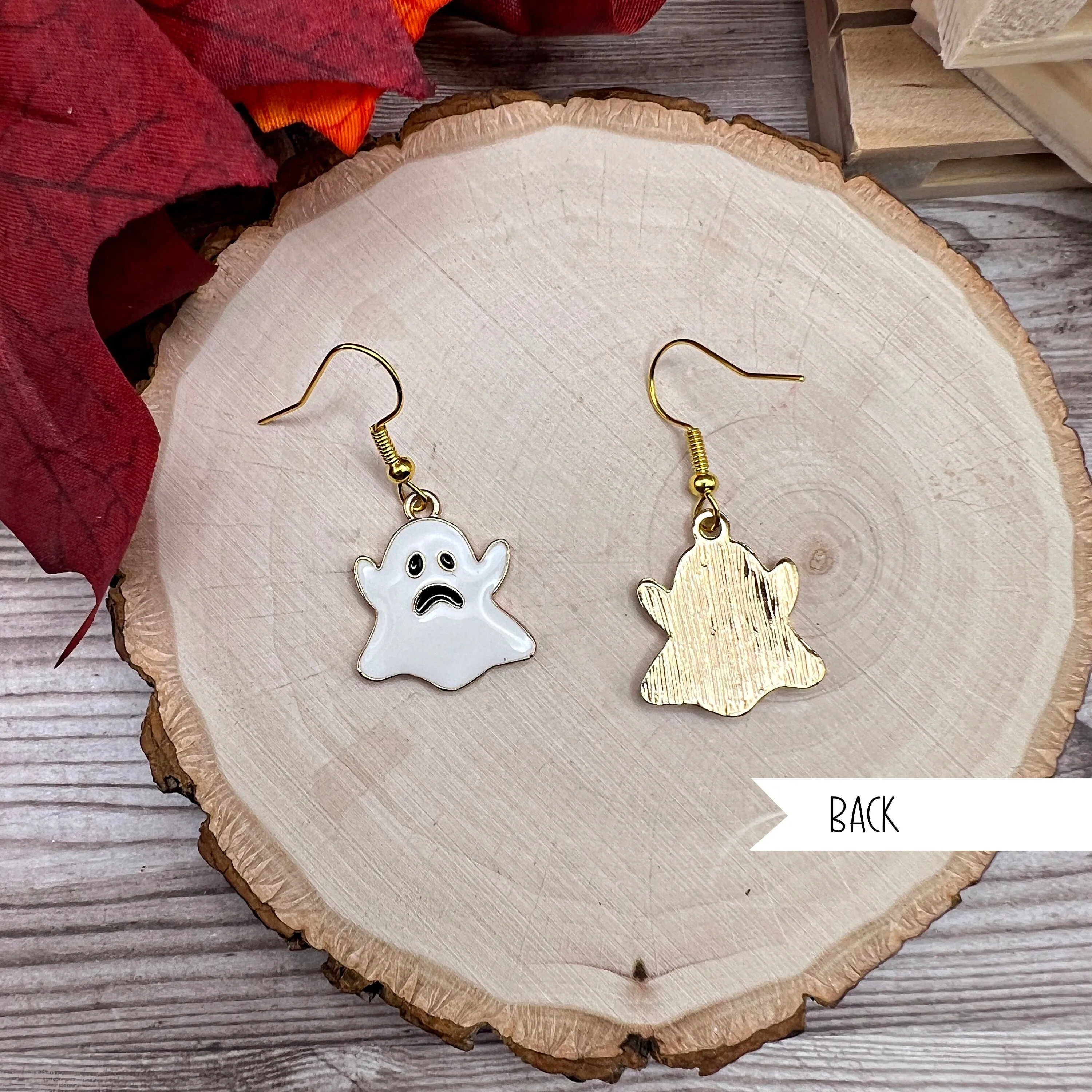 Sad Enamel Boo Ghost Hypoallergenic Halloween Goldtone Enamel Earrings