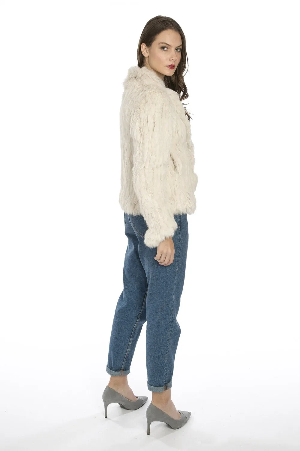 Scalloped Fur Jacket With Signature Collar in Cream - Feathers Of Italy