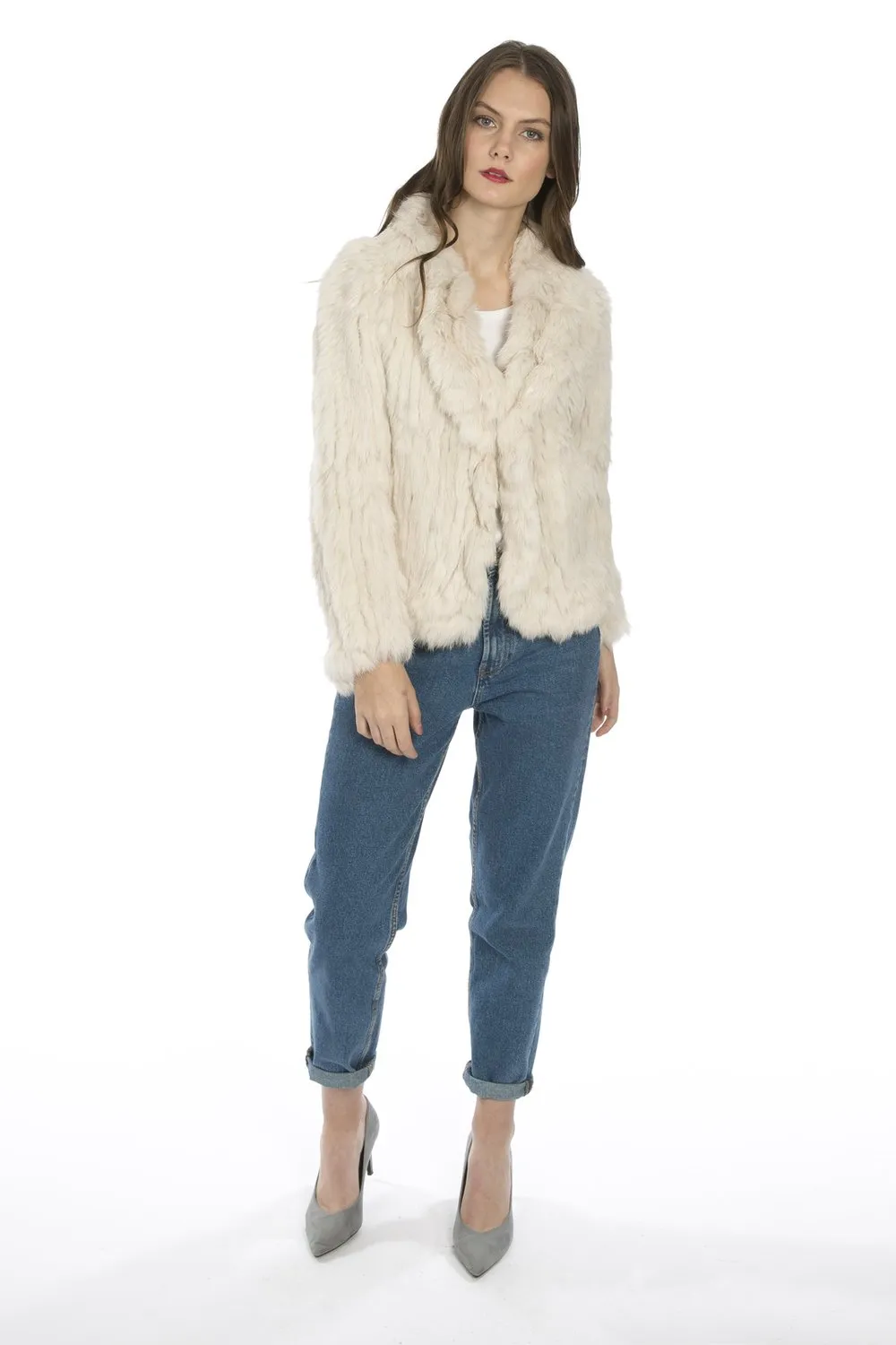 Scalloped Fur Jacket With Signature Collar in Cream - Feathers Of Italy