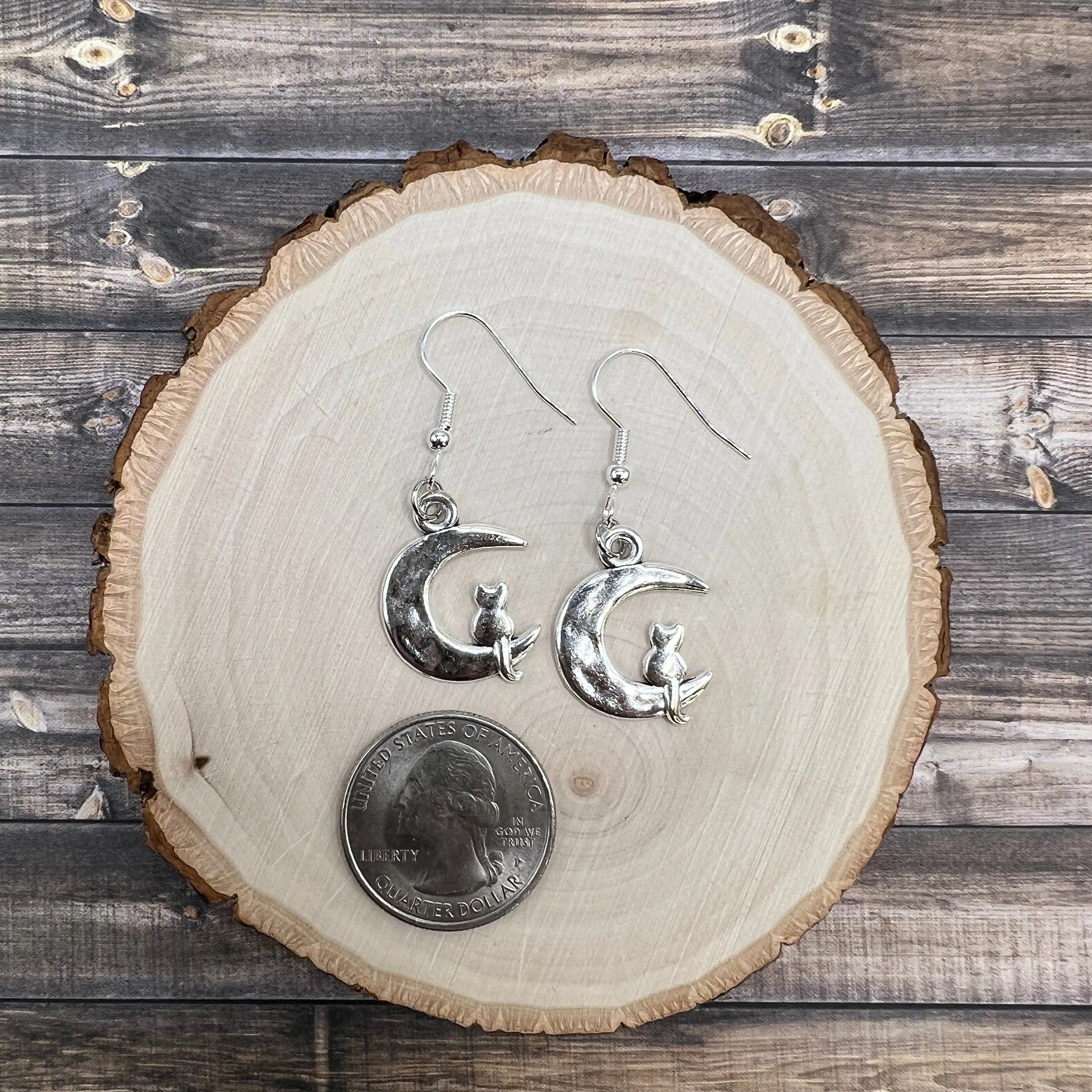 Silver Cat and Moon  Earrings Petite Lightweight Hypoallergenic Hooks, Option for Sterling Silver Hooks Available