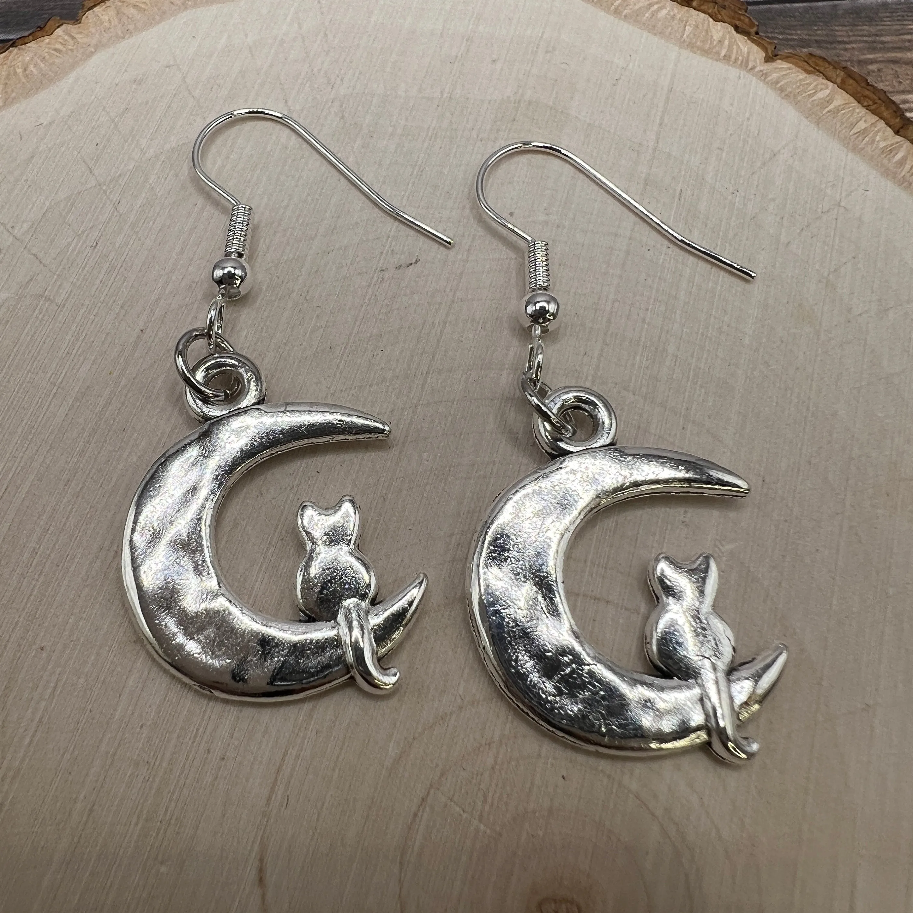 Silver Cat and Moon  Earrings Petite Lightweight Hypoallergenic Hooks, Option for Sterling Silver Hooks Available